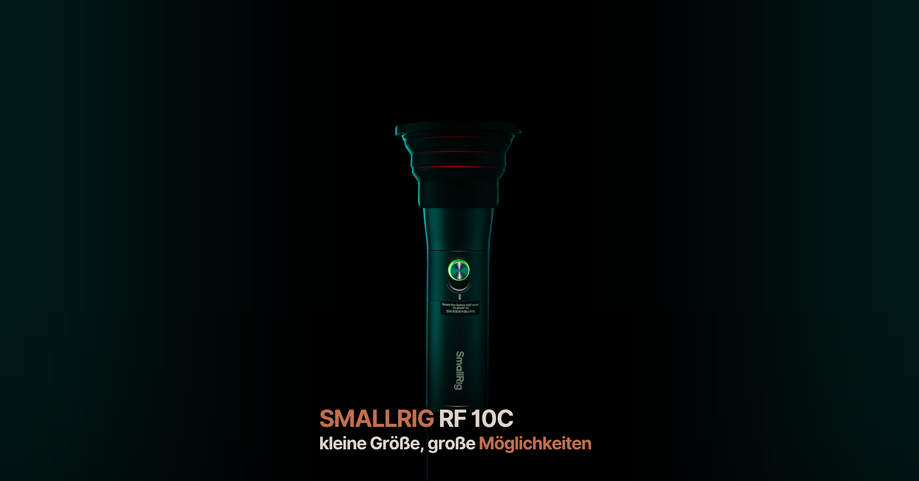 Foto der Smallrig Videoleuchte RF 10C. Text: SmallRig RF 10C; kleine Größe, große Möglichkeiten