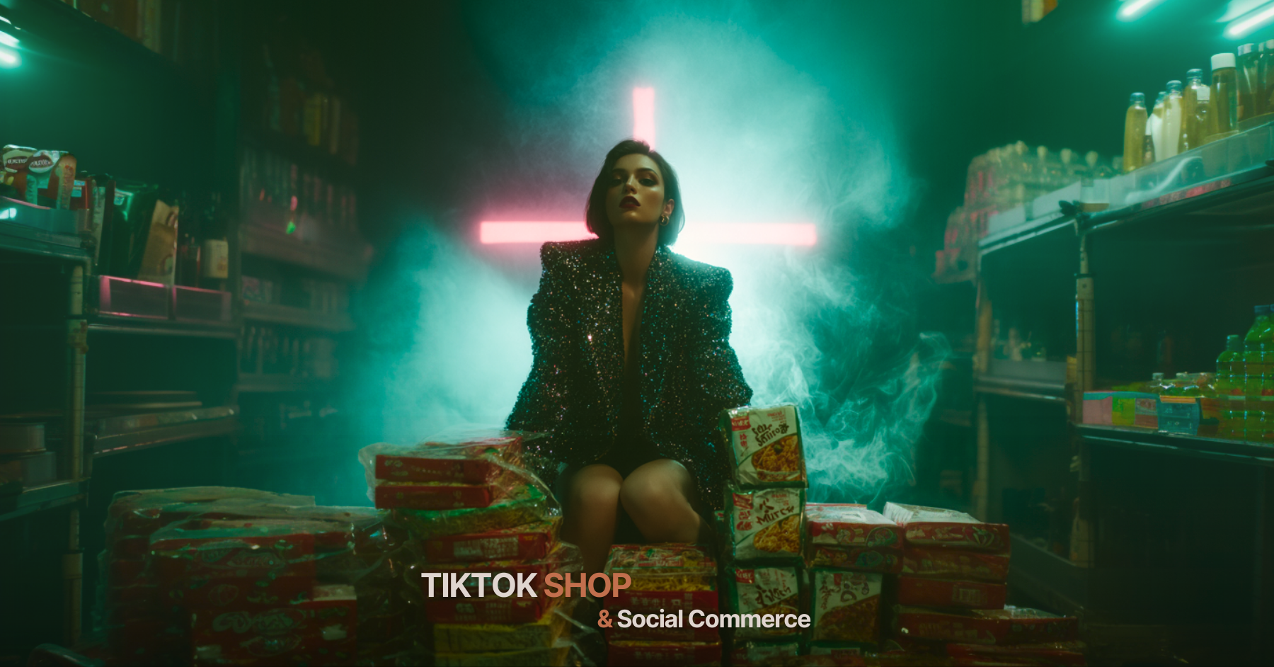 2 AI generiertes Bild für den Beitrag über Social Commerce und TikTok Shop. Eine junge Frau sitzt in einem dunklen Raum mit wenig Hintergrundbeleuchtung auf einem Haufen Instantnudeln