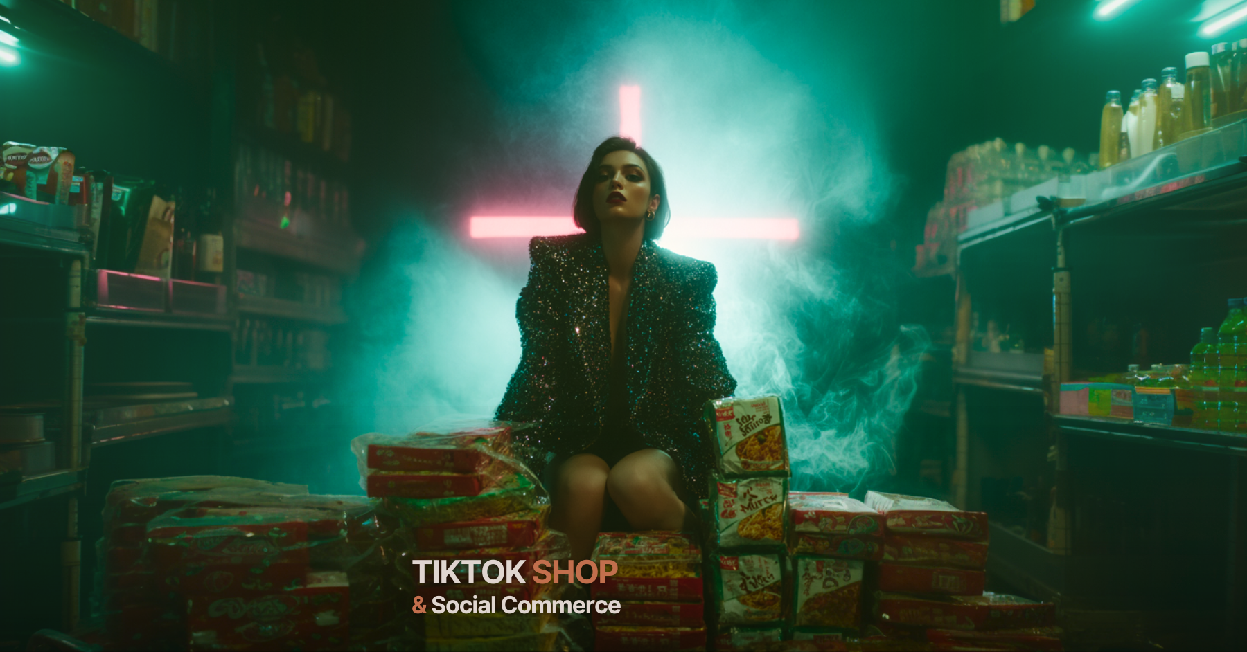 TikTok Shop und Social Commerce AI generiertes Bild für den Beitrag über Social Commerce und TikTok Shop. Eine junge Frau sitzt in einem dunklen Raum mit wenig Hintergrundbeleuchtung auf einem Haufen Instantnudeln