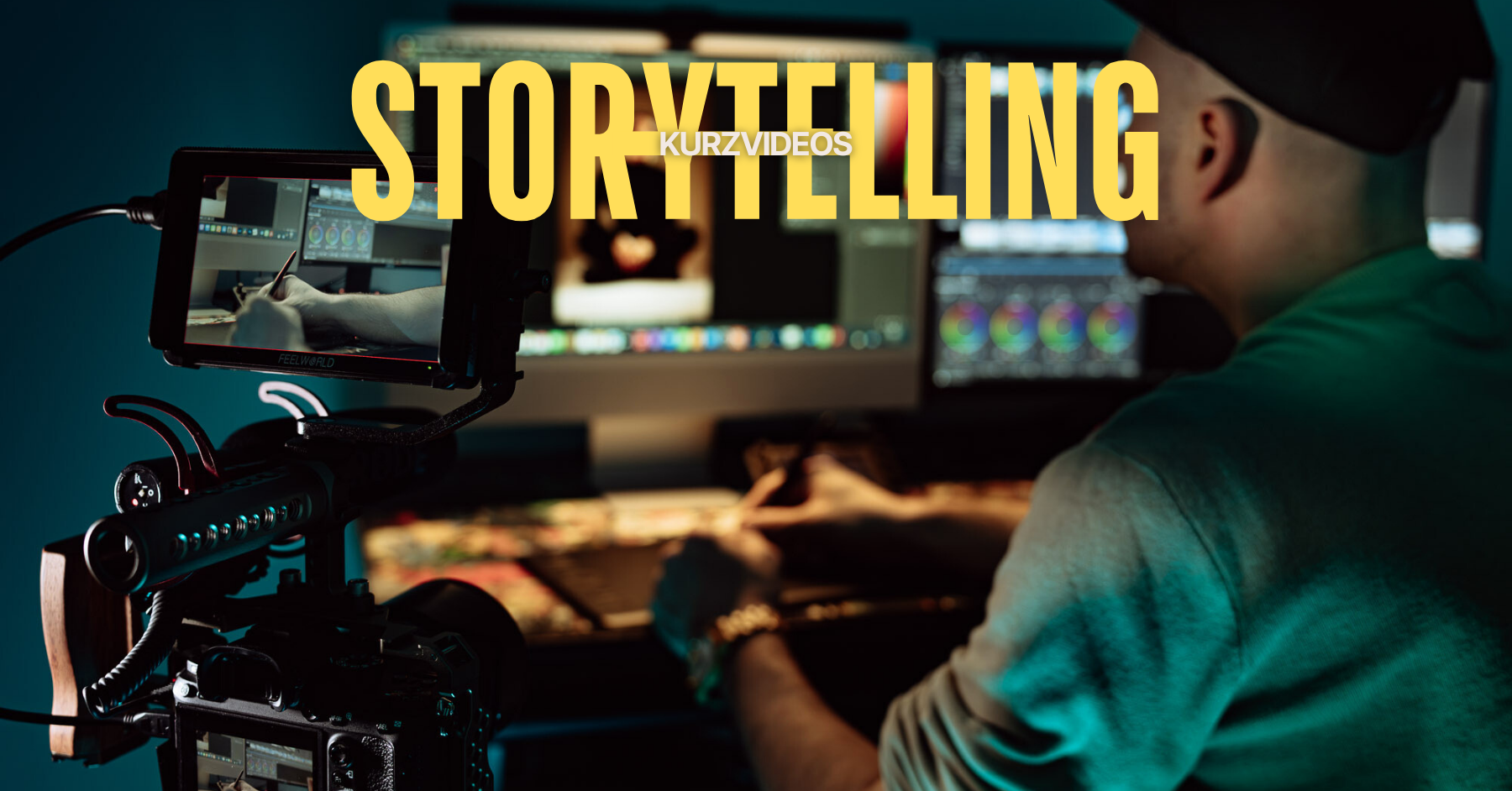 ein mann sitzt am Rechner und bearbeitet gerade ein video. Text: Storytelling Kurzvideos