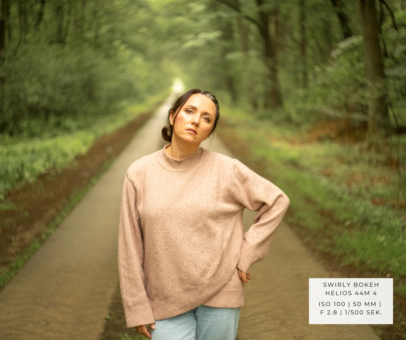 objektiv kaufen. erklärung bokeh. eine frau im wald. hintergrund in einem swirly bokeh