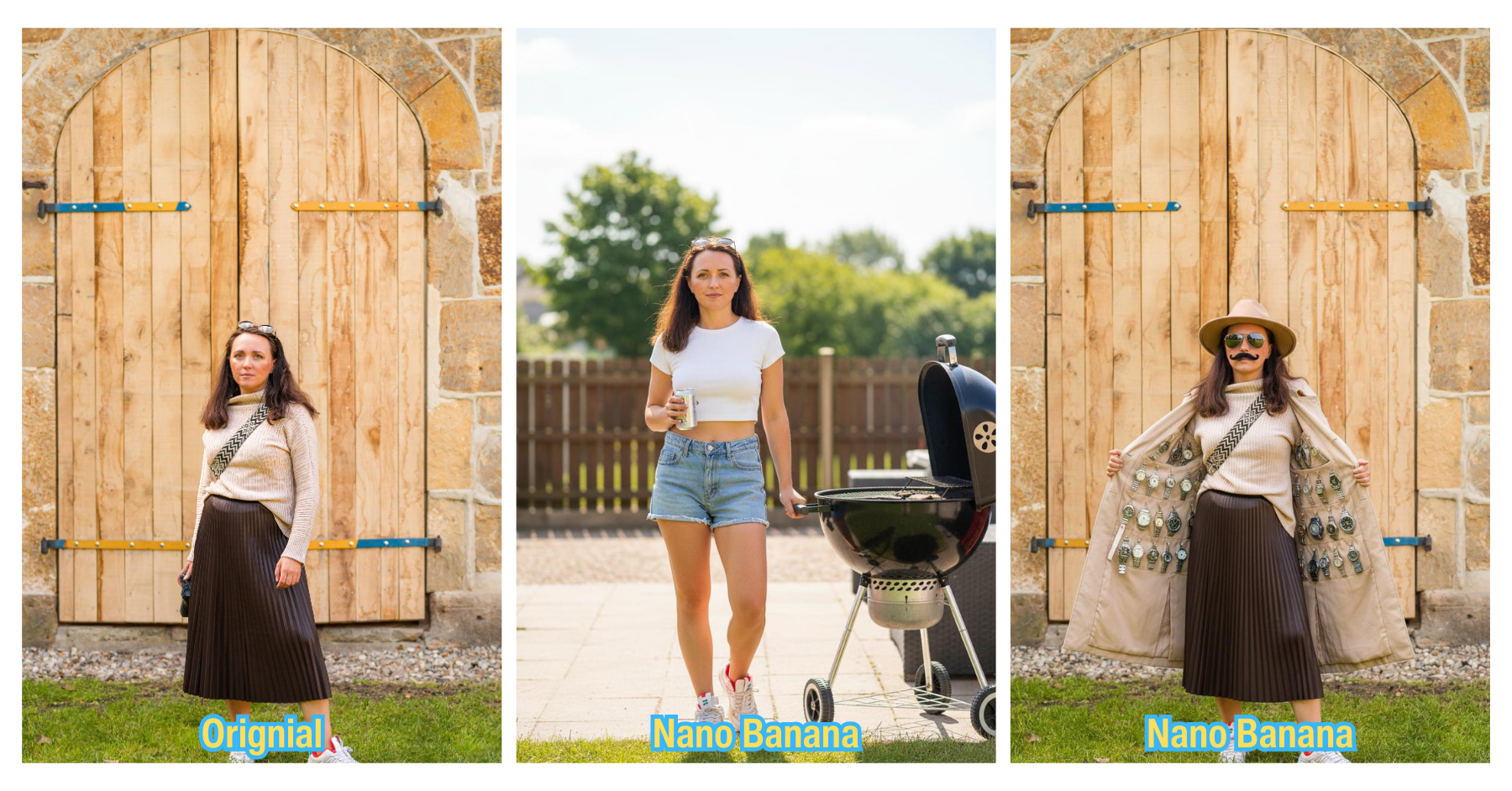 Drei Fotos einer Frau vor einer großen Holztür und im Garten. Links: Frau trägt beigen Pullover und dunklen Faltenrock, darunter steht ‚Original‘. Mitte: Frau in weißem Crop-Top und Jeansshorts mit Getränkedose neben einem Grill, Beschriftung ‚Nano Banana‘. Rechts: Frau mit Hut, Sonnenbrille und falschem Schnurrbart, öffnet Mantel voller Uhren, ebenfalls beschriftet mit ‚Nano Banana‘.