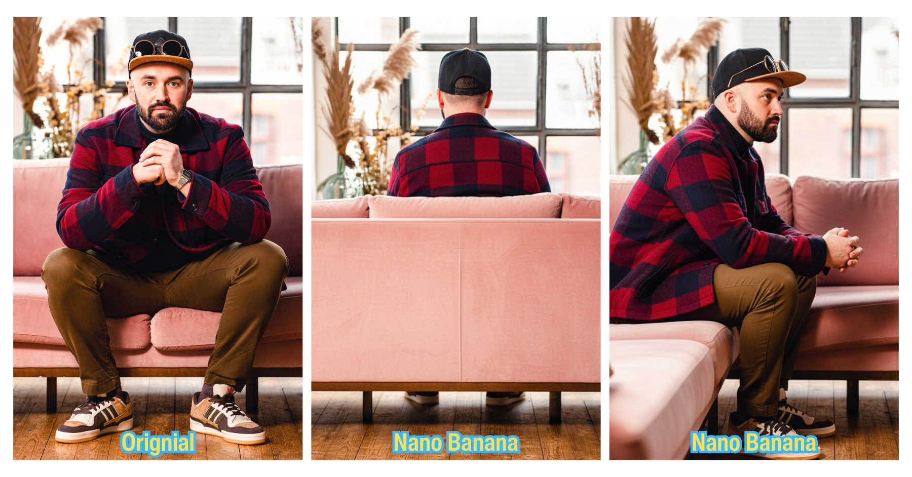 Dreiteiliges Foto eines Mannes mit Basecap, Bart und kariertem rot-blauen Hemdjacke, der auf einem rosa Sofa sitzt. Links frontal mit verschränkten Händen nach vorne blickend, Mitte von hinten auf das Sofa schauend, rechts seitlich im Profil. Unter den Bildern stehen die Beschriftungen ‚Original‘ (links) und ‚Nano Banana‘ (Mitte, rechts).