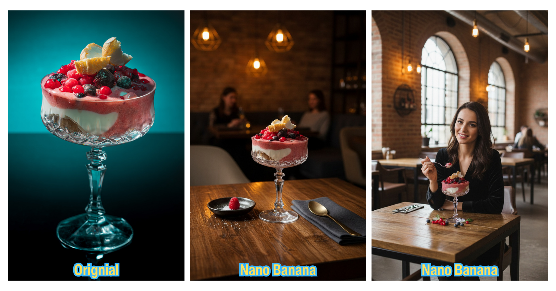 Dreifache Fotocollage eines Windbeutel Desserts. original vs. nano banana