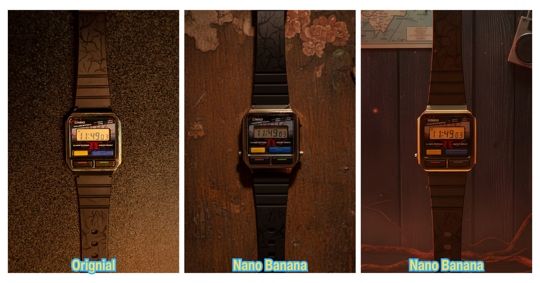 Dreiteilige Fotocollage einer Casio Armbanduhr Stranger Things Edition. Links das Original. In der Mitte und rechts Ai generiert mit nano banana