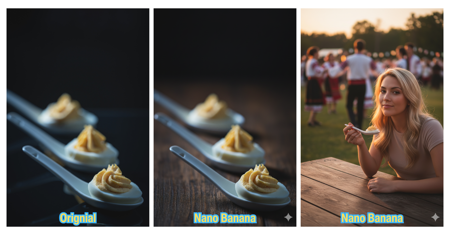 Fotocollage Russisch Ei. Moody Food-Photography. V.l.n.r. original, nano banana