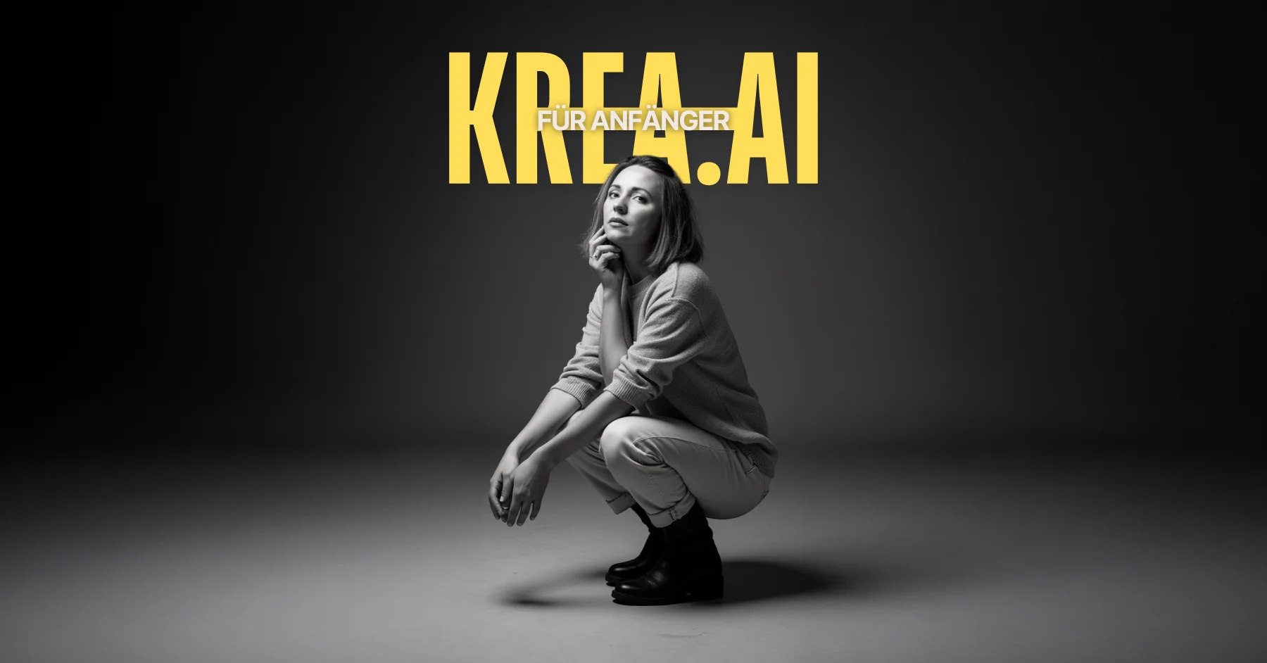 krea.ai für anfänger: Schwarzweißfoto einer Frau mit schulterlangen Haaren, die mit der Hand ihr Kinn berührt und ruhig in die Kamera schaut. Sie trägt einen Pullover. oben im Bild steht in großer gelber Schrift „KREA.AI – Für Anfänger“.