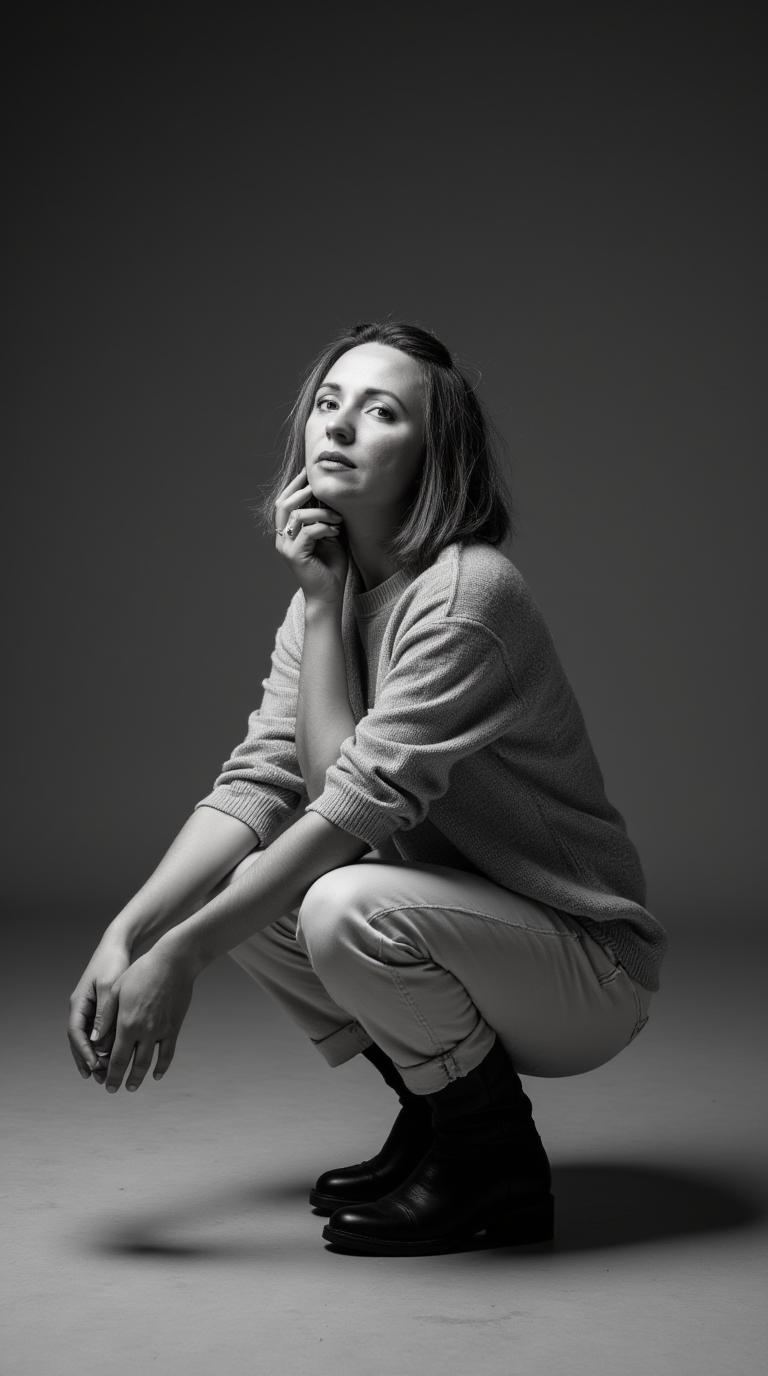 krea.ai für anfänger: Schwarzweißaufnahme einer Frau, die im Studio in der Hocke sitzt. Sie trägt einen Pullover, helle Hosen und Stiefel und blickt ernst in die Kamera. Der Hintergrund ist schlicht und dunkel.