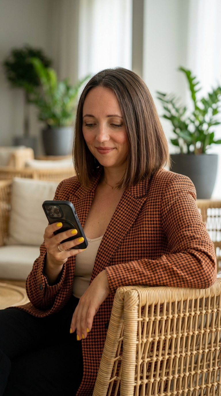 krea.ai für anfänger: Frau sitzt in einem hellen Raum auf einem Stuhl aus Rattan und schaut lächelnd auf ihr Smartphone. Sie trägt einen braun karierten Blazer, gelben Nagellack und wirkt entspannt.