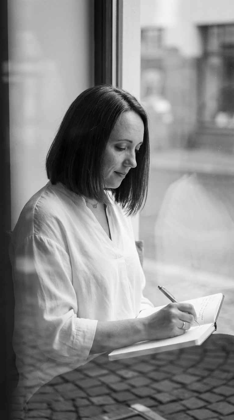 krea.ai für anfänger: Schwarzweißfoto einer Frau mit Bobfrisur, die an einem Fenster sitzt und in ein Notizbuch schreibt. Sie trägt eine helle Bluse, der Blick konzentriert nach unten gerichtet. Draußen ist eine verschwommene Stadtansicht sichtbar.