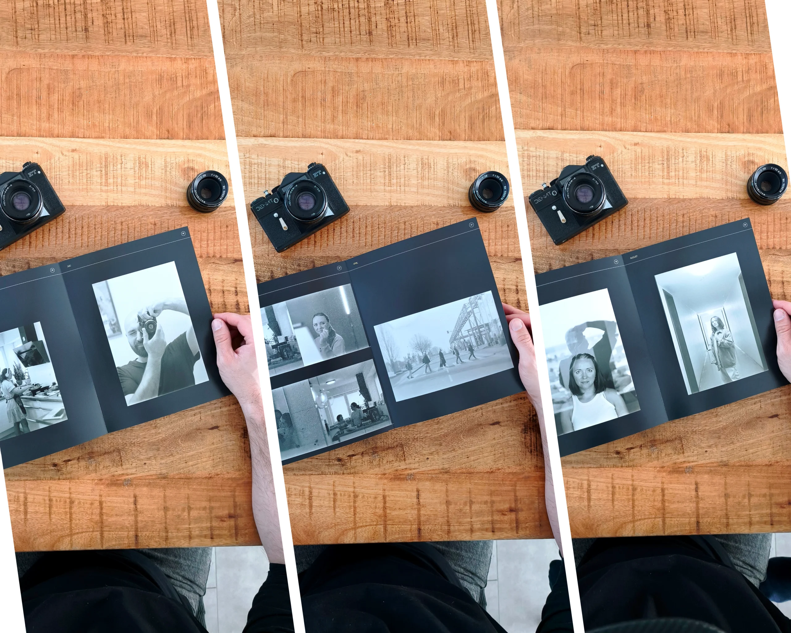 Ein Mann betrachtet ein Fotobuch auf einem Schreibtisch aus Mangoholz. Neben dem Buch liegt eine analoge Kamera Zenit ET und ein altes Weltblick Bjektiv für die Kamera. Das Bild ist eine Collage aus drei Fotos.