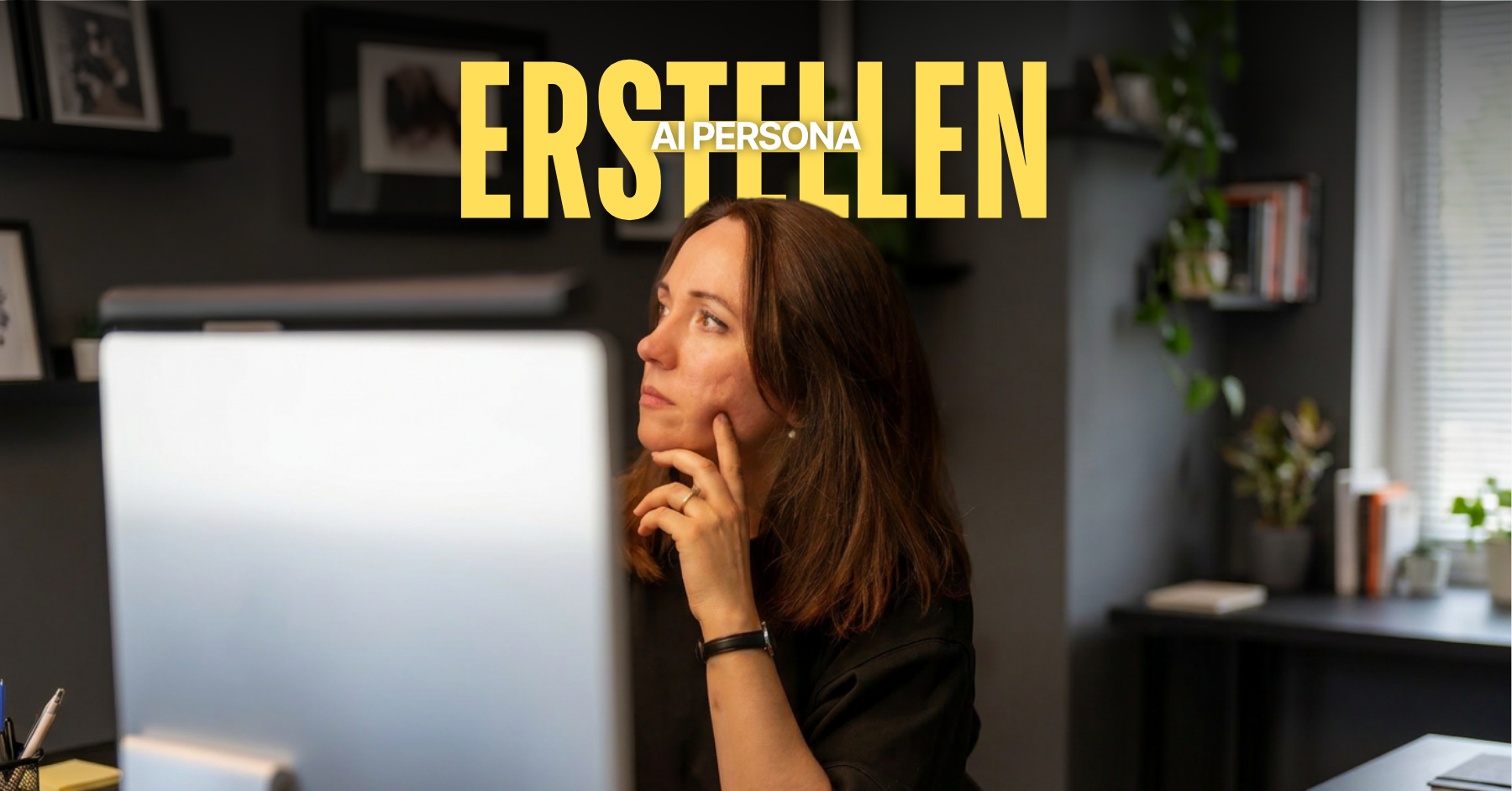 Eine junge Marketingmanagerin denkt über die Einführung und Erstellung der AI Persona nach